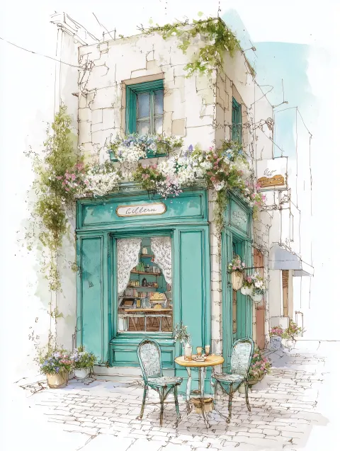 A charming street corner cafe on a stylish urban street