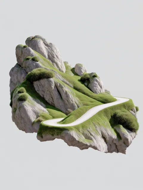 Generate the mountains through which the serpentine road passes. The mountains are large