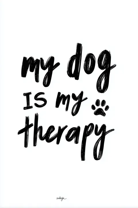Centered typography design reading "my dog is my therapy" modern handwritten font with small paw ico