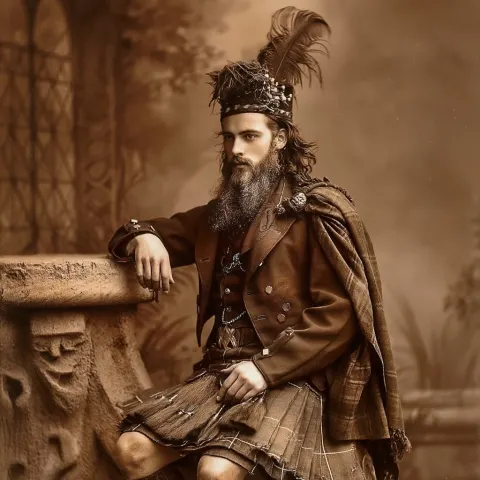 A professional photorealistic Vogue-style photograph of a scottish kilted ancestor. Vintage. Sepia.