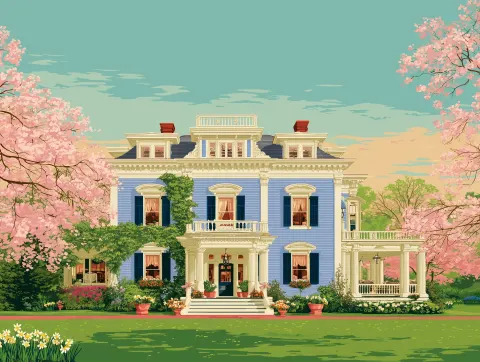 Flat illustration of a Cozy vintage inn in a beautiful setting in a small town in the United States
