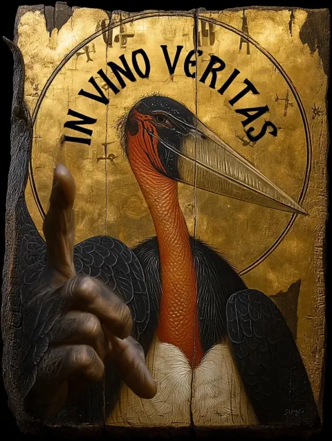 Text in old medieval font "IN VINO VERITAS" above the marabou head