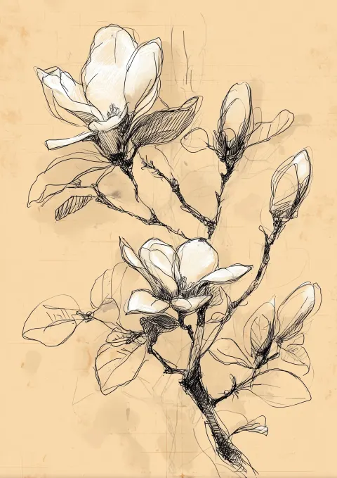 Ink sketch of a magnolia branch with large open blossoms and swelling buds, broad leaves