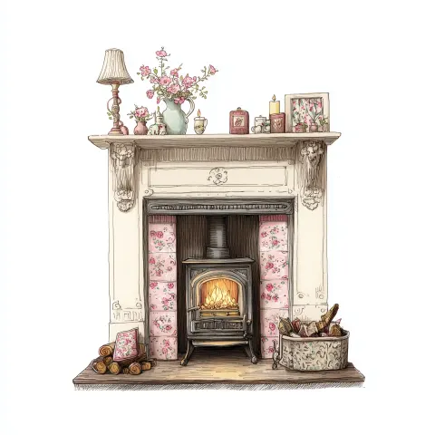 A beautiful fireplace, homely, feminine aesthetic, hand drawn detailed illustration