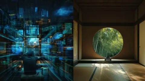 A cinematic split-screen conceptual masterpiece. On the left