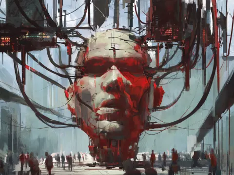 Programmable physical reality concept art large cyborg head connected to control board that controls