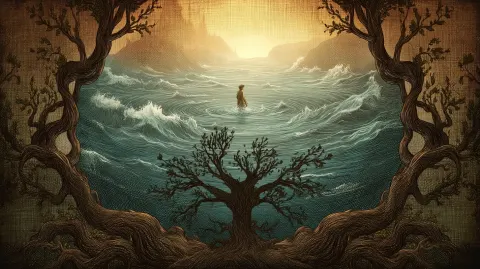 Fantasy storybook illustration with fine crosshatching, glowing ambient light