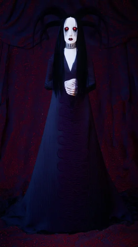 She has pale, porcelain white skin that has ink black striations around the eyes. Speaking of eyes