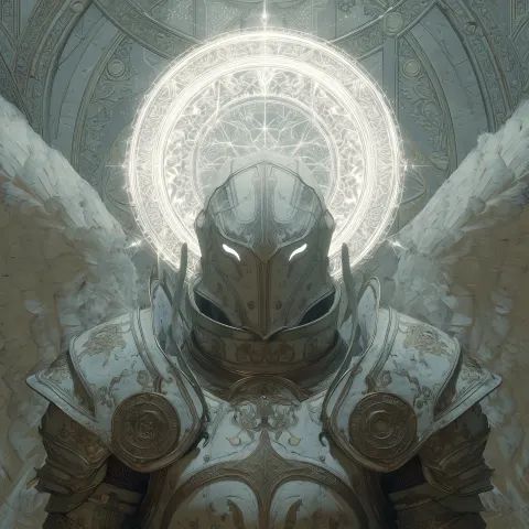 Biblically accurate angel inspired paladin, chest up close-up, holy armored warrior