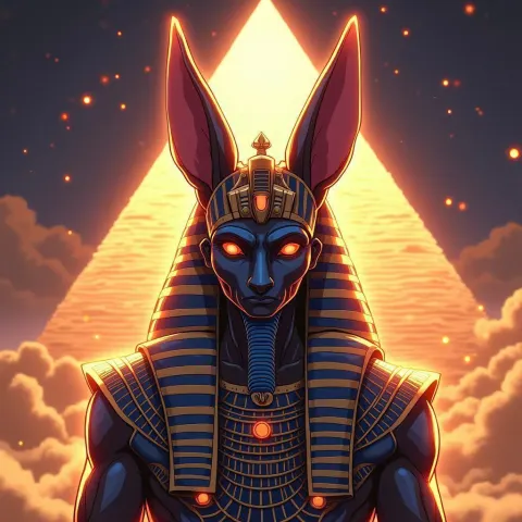 Anubis Radiant in Manga Light Before Pyramids
