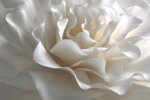 3D stereoscopic white rose flower, close-up view, satin silk texture with pearlescent sheen