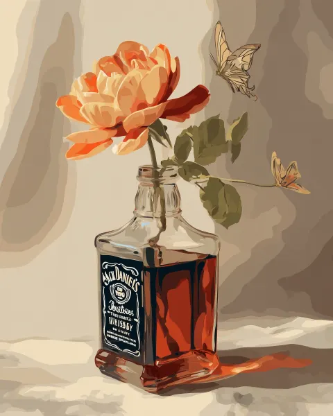 Paint by numbers style illustration, still life of an open square whiskey bottle inspired by Jack Da
