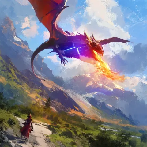 A dragon carrying an oversized glowing rgb rtx video card in its mouth with flames coming out around