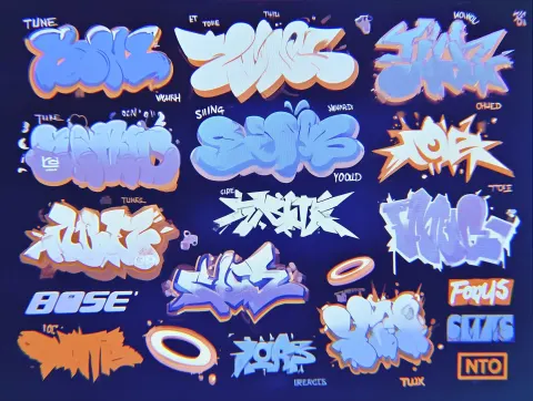 A collection of 2D sticker-style assets and typography for a Bose motion graphics project. Style: Br