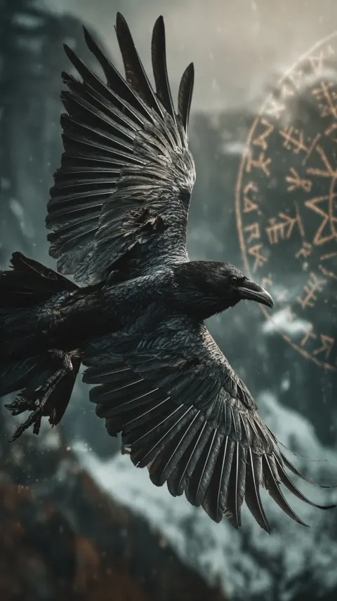 A beautiful Black raven flying over mountain peak, deep sun, Light and shadow