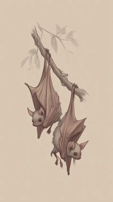 Style sketch of a singular bat with two heads hanging from a branch, muted colors, plain background