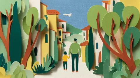 Paper Cut Illustration,an urban alley,Close-up of a 30-year-old father and 5-year-old son walking ha