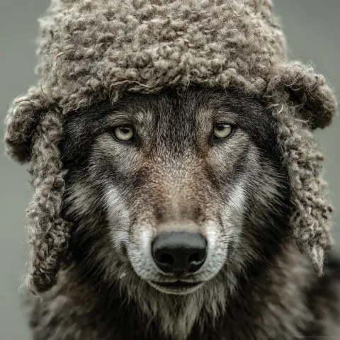 Wildlife portrait photography a wolf wearing a hat that looks like a sheep. daylight lighting