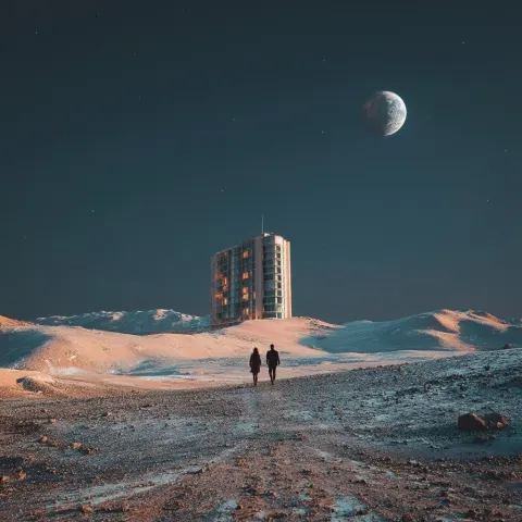 Visiting a hotel on the moon, small earth in the sky