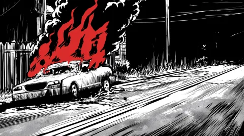 Burning car on empty street, flames rendered as flat red shapes, thick smoke rising into darkness