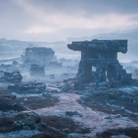 A freezing Moor with Futuristic ruins slowly sinking