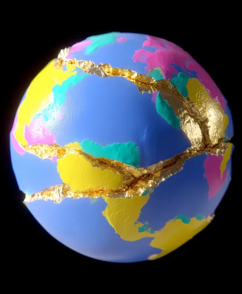 A globe assembled in kintsugi style, matte deep blue sphere with gold continents