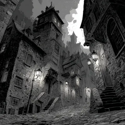 A spooky colonial era winding street with cobblestones and creaky old buildings in the style of Fran