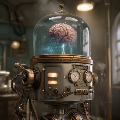 A retrofuturistic robot with a glass dome for a head