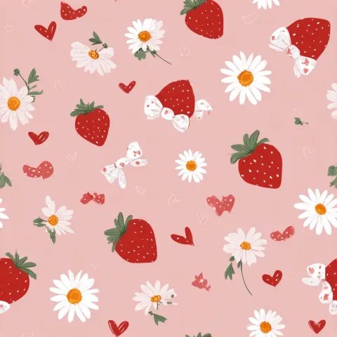 A sweet, seamless pattern with white strawberries, red hearts, bows