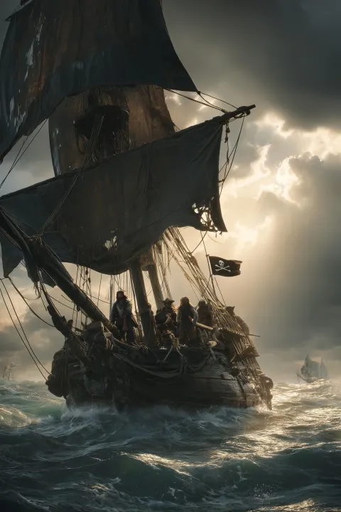 An 8K image with a wealth of detail. The photo should be very lively and dynamic. Three pirates in a
