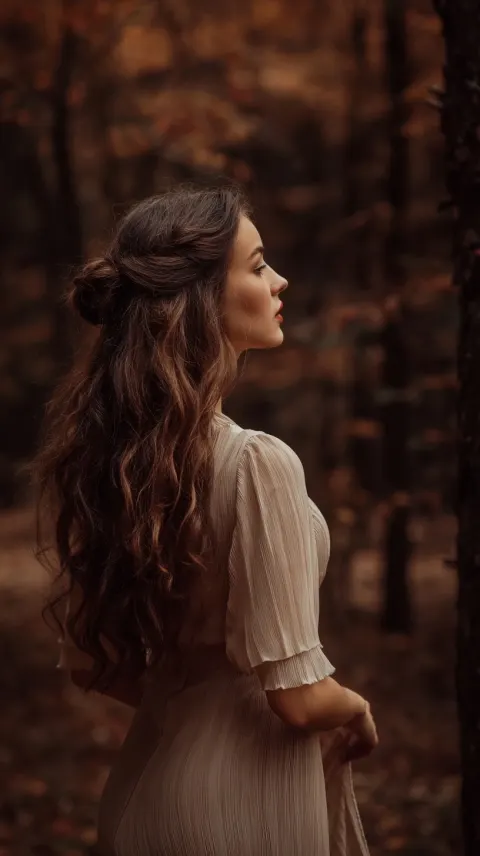 An hhyper realistic photo of a woman with long wavy hair and vintage hairstyle She is wearing a plea