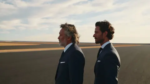 Cinematic premium lifestyle photograph of a 50-year-old Indian father and his 30-year-old son standi