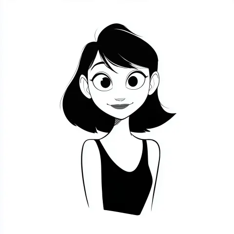Cute cartoon character portrait, front view, simple shapes, clean line art, black and white