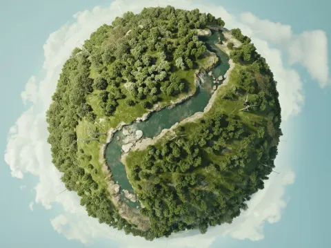 Green planetary sphere showcasing sustainable ecosystem with abundant trees, a flowing river