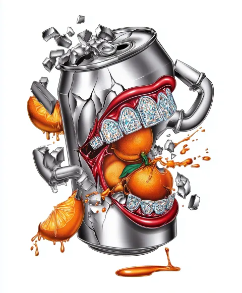 Hyper-detailed airbrushed illustration of a cracked soda can with broken shackle