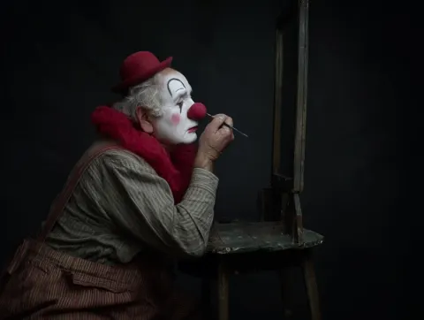 Photo of a fat sad old man clown sitting in the dark behind an old small table in front of a mirror.