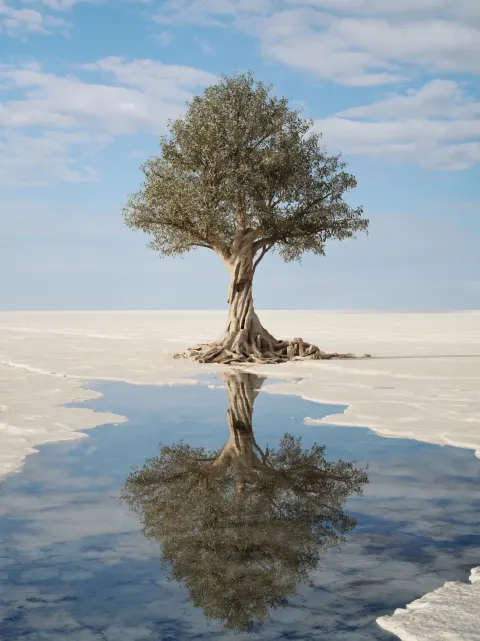 In the style of Maxfield Parrish, an impossibly ancient tree at the edge of the world