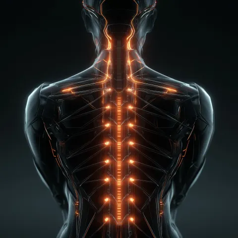 Picture of a black body, showing the back with spine bone brightly in the foreground. In style of sc