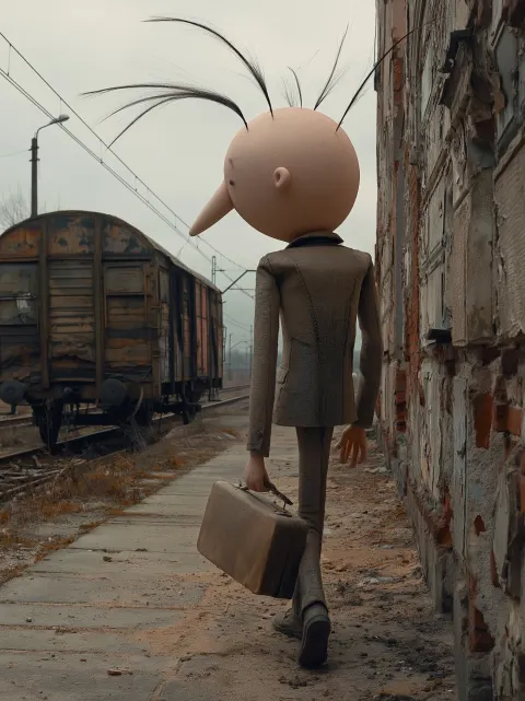 Surrealistyczny człowieka bardzo chudy i wysoki idzie w starym brudnym garniturze. Ma bardzo dużą ok