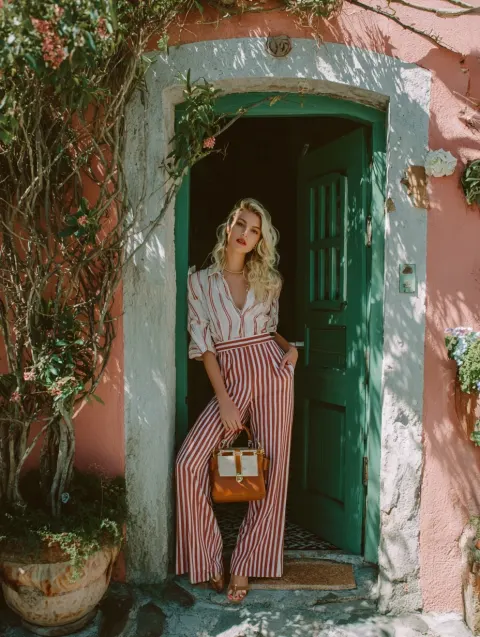 A model wearing striped red and white pants, holding an earthy-colored handbag with gold accents