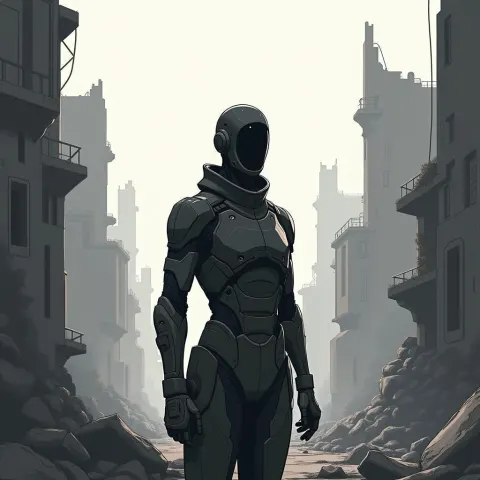 Faceless Soldier Amid Minimalist City Ruins