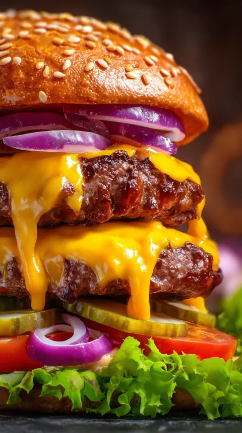 Ultra-realistic close-up of a massive double cheeseburger: two juicy grilled beef patties