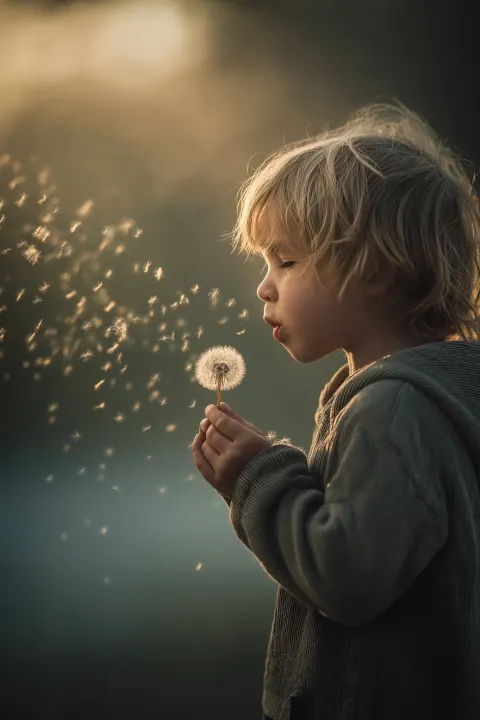 Young child blowing dandelion seeds into the air, soft sunlight, peaceful atmosphere