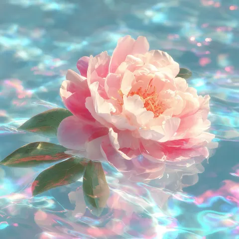 A close-up big pink peony flower with leaves floats on the clear water surface