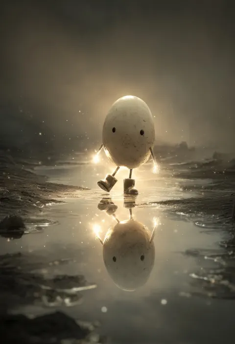 A cute, anthropomorphic egg wearing and shoes on its hind legs is walking in the mud