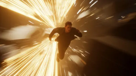 The man dashes forward at high speed, running along glowing golden lines in mid-air