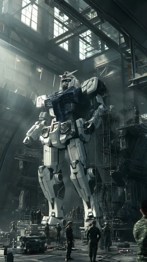 A hyper-realistic scene of Thai soldiers preparing the Gundam v in a military hangar
