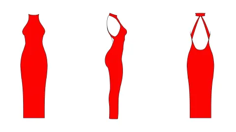 A modern minimalist red knit halter-neck dress, bodycon silhouette, midi length