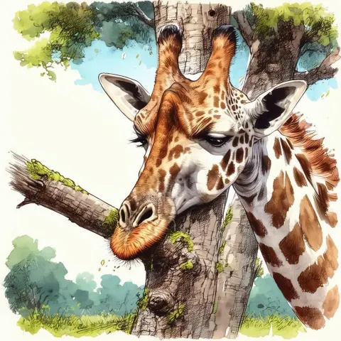 Giraffe Munching Tree Bark in Dynamic Manga
