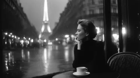 A solitary elegant woman seated at a café table by a large window